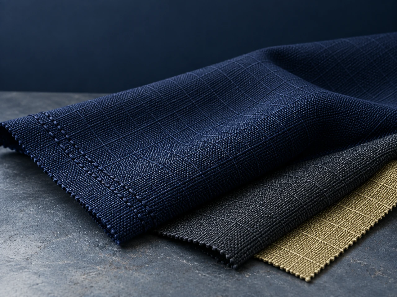 Conceptual composition of dense woven aramid-type textile swatches in navy, charcoal and natural tones on a steel workbench.