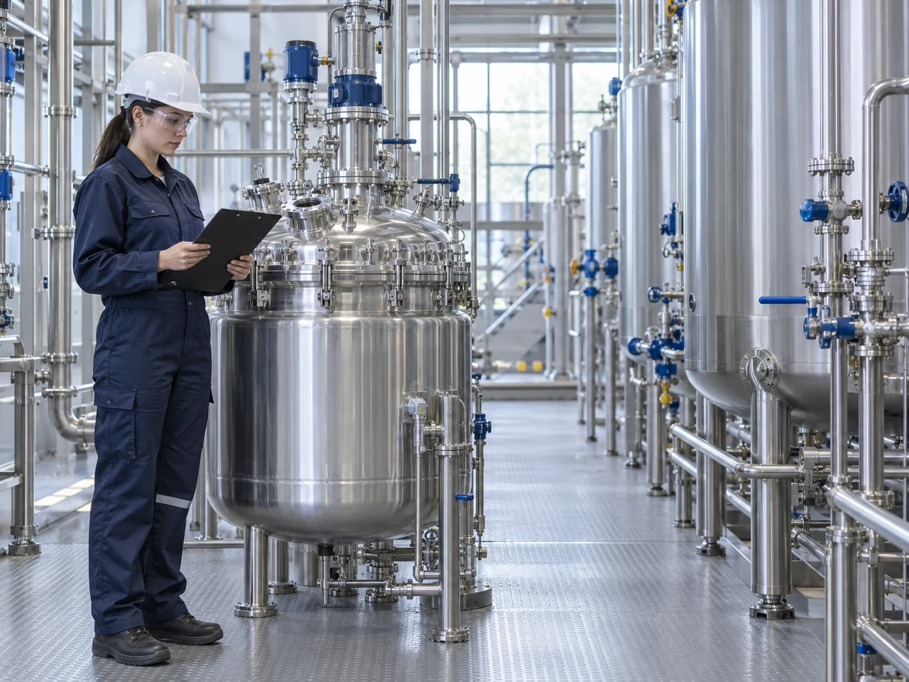 Illustrative scene of a worker holding an inspection tablet beside chemical-processing equipment.