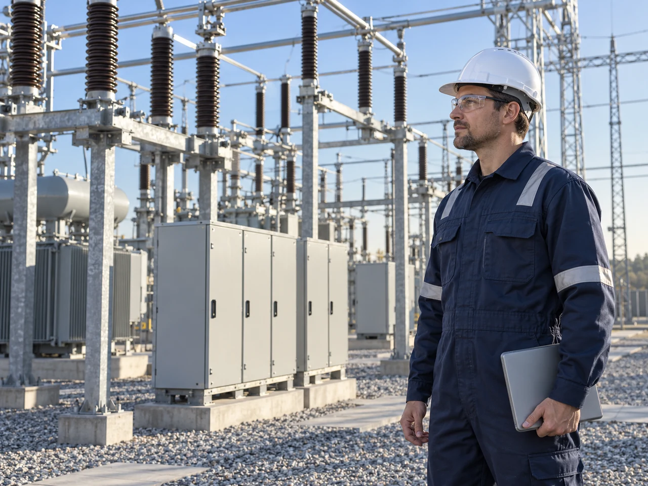 Illustrative scene of a worker wearing a hard hat and workwear at an electrical substation.
