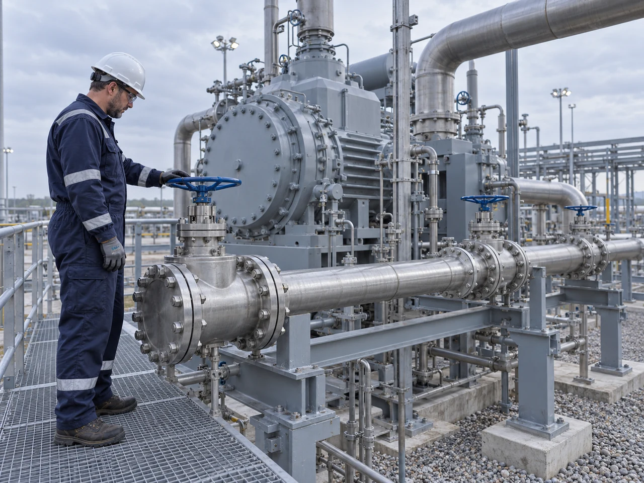 Illustrative inspection scene among gas-processing pipes and equipment.