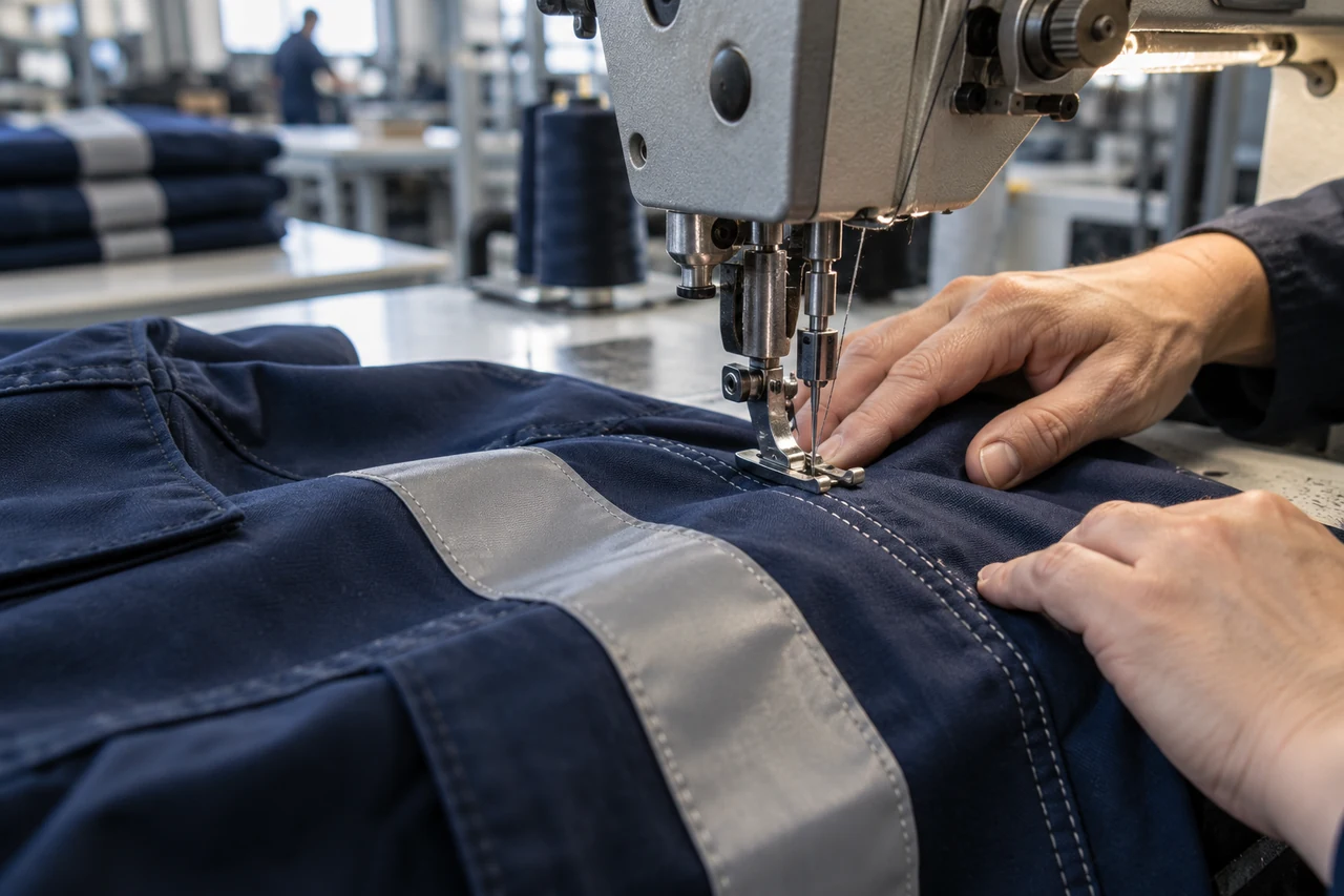 Illustrative garment-making scene: stitching a reflective band onto navy industrial workwear.