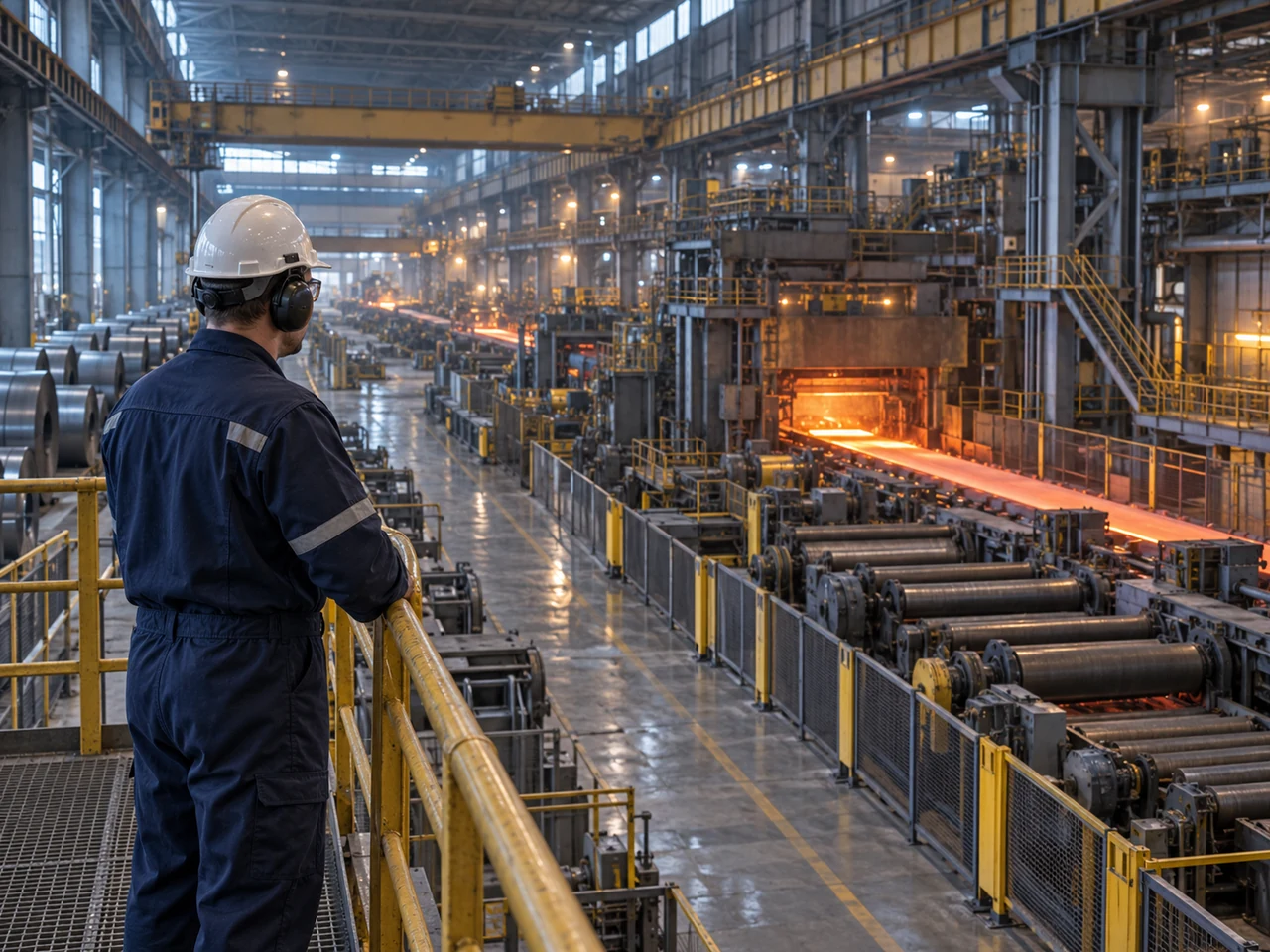 Illustrative scene of a worker observing a steel-processing line from a walkway.