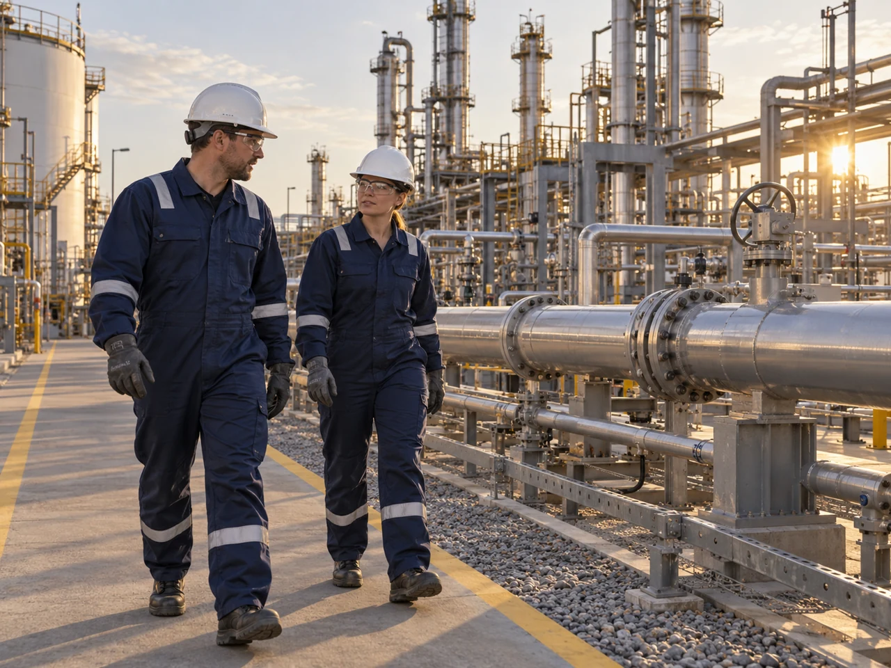 Illustrative scene of two workers wearing navy workwear and hard hats in a petrochemical plant.