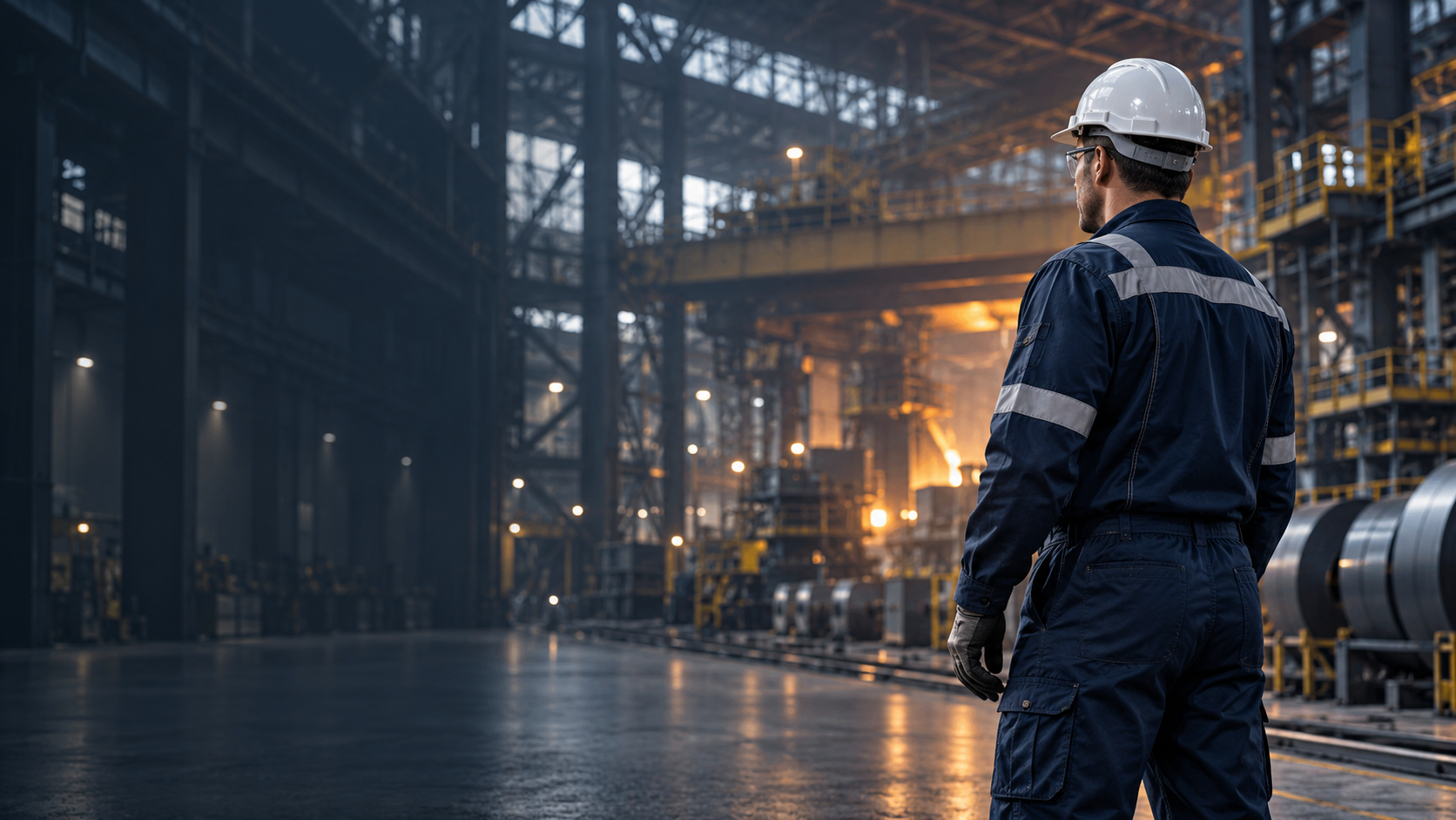 Conceptual industrial scene: worker in navy coveralls in a steel hall